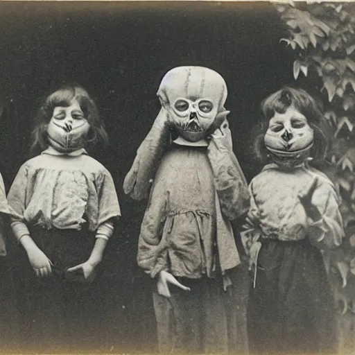 Prompt: children in scary macabre halloween masks daguerrotype rural area 1 8 9 0 s