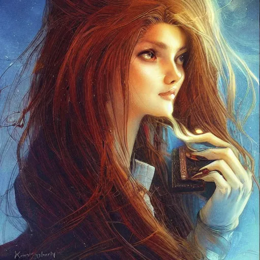 Image similar to a girl reading a book, her hair flowing down, by karol bak, ayami kojima, artgerm, smile, concept art, fantasy
