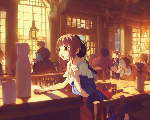 Image similar to anime visual, portrait of a young female traveler in a busy fantasy medieval tavern interior, cute face by yoh yoshinari, katsura masakazu, studio lighting, dynamic pose, dynamic perspective, strong silhouette, anime cels, ilya kuvshinov, cel shaded, crisp and sharp, rounded eyes