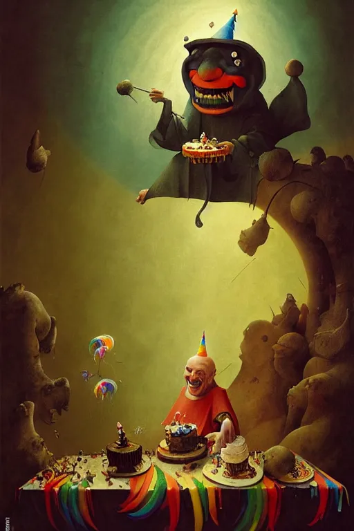 Image similar to hieronymus bosch, greg rutkowski, anna podedworna, painting of a happy rainbow jester with a birthday cake, smiling, uplifting