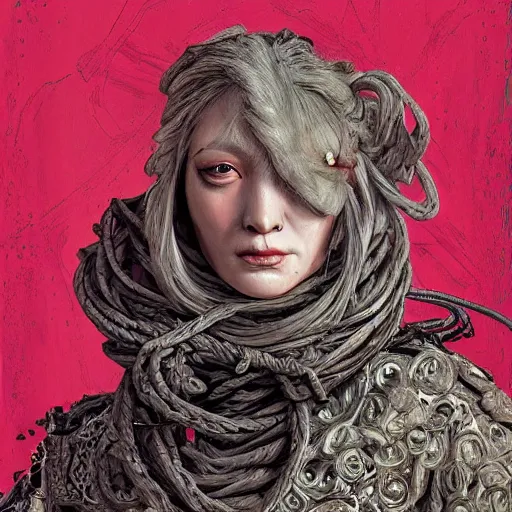 Image similar to portrait of a Shibari rope wrapped face and neck, headshot, insanely nice professional hair style, dramatic hair color, digital painting, of a old 15th century, old cyborg merchant, amber jewels, baroque, ornate clothing, scifi, realistic, hyperdetailed, chiaroscuro, concept art, art by Franz Hals and Jon Foster and Ayami Kojima and Amano and Karol Bak,