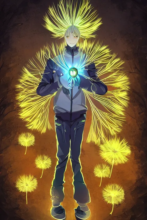 Image similar to glowing luminescent dandelion male anime character, symmetrical, highly detailed, digital art, sharp focus, trending on art station, amber eyes, autumnal colours