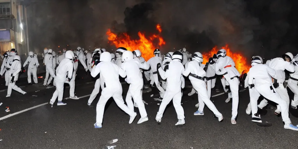 Image similar to photo of young men wearing white tracksuits fighting cops in a riot with burning cars at night, close shot, editorial photography