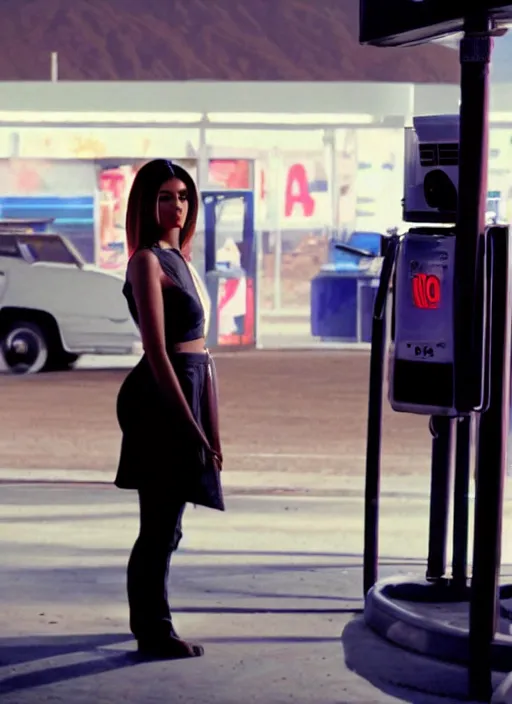 Image similar to a pov, color cinema film still of kylie jenner standing at a gas station, ambient lighting at night, from better call saul ( 1 9 9 9 ).