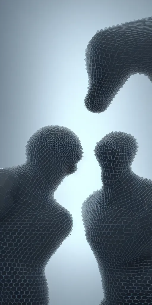 Prompt: a 3 d render of two anthropomorphic figures, made of an honeycomb organic pattern of transparent crystal, surrounded by fog, on a dark background, depth of field, dramatic, gritty, by etienne - louis boullee and frank gehry, hyper realistic, 4 k, unreal engine, ray tracing, trending on artstation