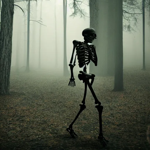 Prompt: a mysterious photography of a skeleton walking in a wood, hyper detailed, dark, 8 k, hd,