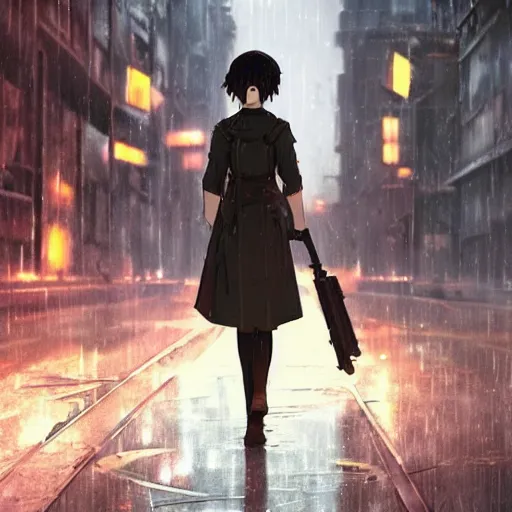 Prompt: raining dark dieselpunk dystopia makoto shinkai