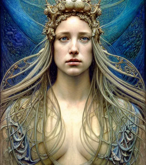 Image similar to detailed realistic beautiful young medieval queen of the andromeda galaxy face portrait by jean delville, gustave dore and marco mazzoni, art nouveau, symbolist, visionary, gothic, pre - raphaelite. horizontal symmetry by zdzisław beksinski, iris van herpen, raymond swanland and alphonse mucha. highly detailed, hyper - real, beautiful