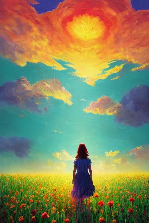 Image similar to giant corn flower head, girl walking in a flower field, surreal photography, sunrise, dramatic light, impressionist painting, colorful clouds, digital painting, artstation, simon stalenhag