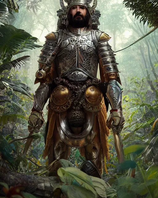 Image similar to detailed 3d render potrait of a conquistador wearing ornate armor in a jungle environment, art by nicola saviori and studio ghibli and greg rutkowski, studio ghibli color scheme, octane, cgsociety, intricate, cinematic lightning, symmetric, anatomy, face