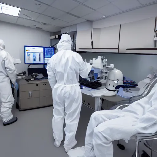 Prompt: dissection of an alien life form in a clean white surgery room by three humans wearing level 3 biological safety suits, security camera, realistic