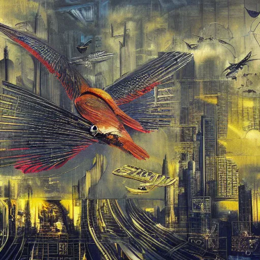 Image similar to a mechanical bird flies over a progressively rasterized digital neon city, oil on canvas by dave mckean and ivan shishkin