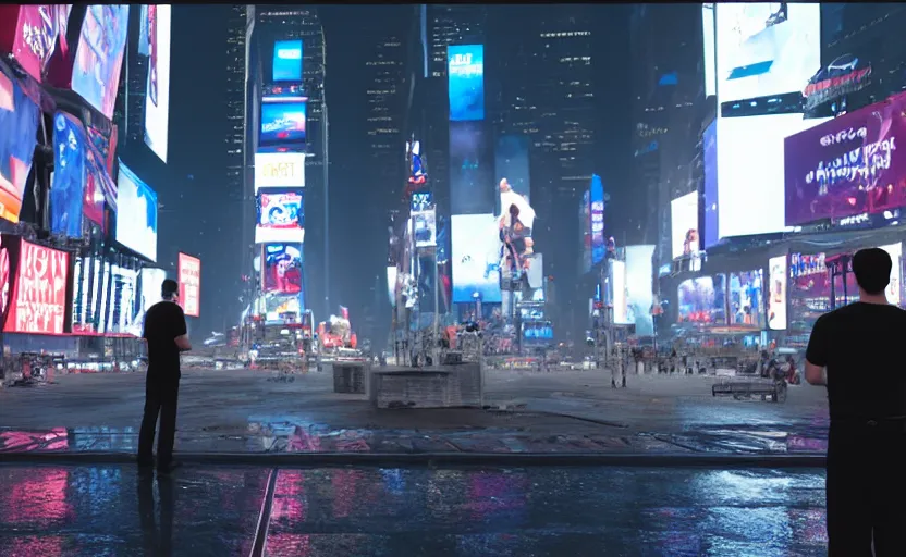 Image similar to a man standing in the middle of Times Square at night, a photorealistic painting by Gregory Crewdson, cgsociety, american scene painting, playstation 5 screenshot, matte painting, cryengine