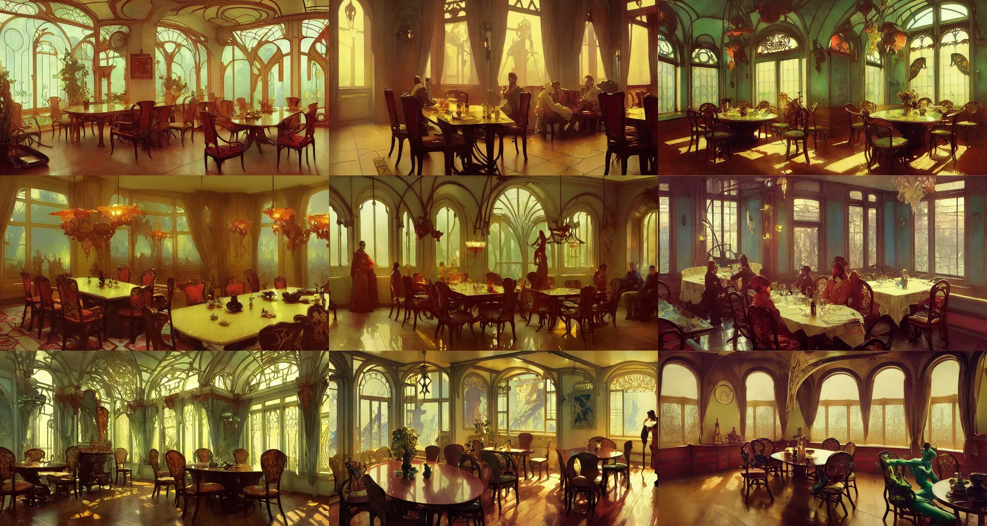 Prompt: dinner room, art nouveau architecture, art by joseph leyendecker, ivan aivazovsky, ruan jia, reza afshar, marc simonetti, alphonse mucha