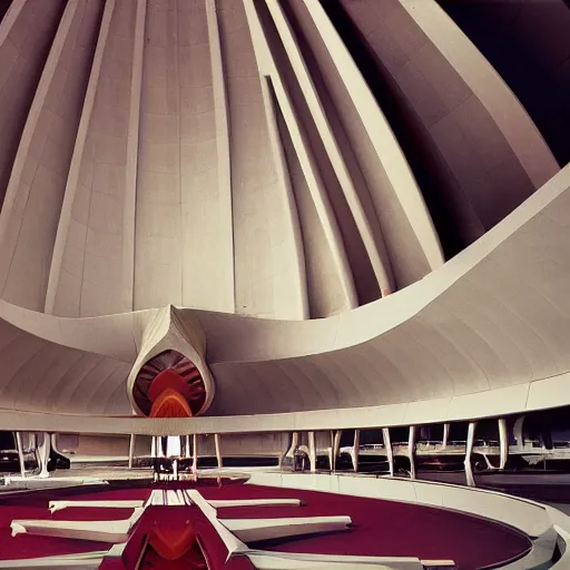 Image similar to interior of a futuristic lotus temple with gold, red and white marble panels, in the desert, by buckminster fuller and syd mead, intricate contemporary architecture, photo journalism, photography, cinematic, national geographic photoshoot