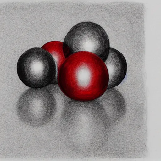 Prompt: chrome spheres on a red cube, drawn with charcoal