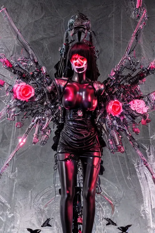 Image similar to full-body cyberpunk style sculpture of a young beautiful dark priestess, half android with a head opening exposing circuitry, glowing red eyes, black roses, flowing blood red colored silk, fabric, candles. baroque elements, human skull. full-length view. baroque element. intricate artwork by caravaggio. crows flying in background. Trending on artstation, octane render, cinematic lighting from the right, hyper realism, octane render, 8k, depth of field, 3D