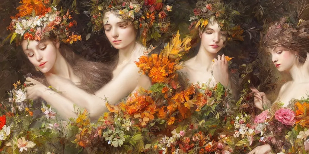 Prompt: breathtaking detailed concept art painting blend of two goddess of autumn by volegov with anxious piercing eyes, vintage illustration pattern with bizarre compositions blend of flowers and fruits and birds by beto val and john james audubon, exquisite detail, extremely moody lighting, 8 k