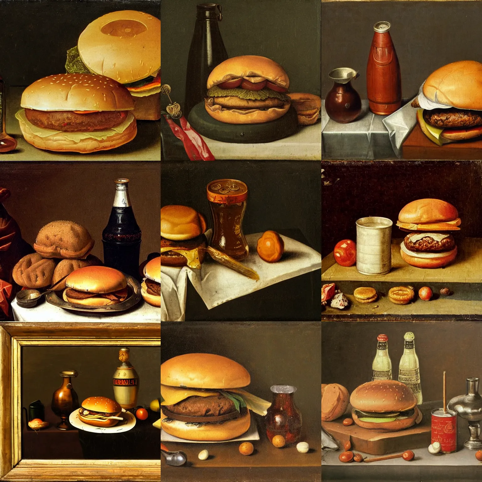 Prompt: Dutch Still Lifes of the 1600s, depicting a hamburger and cola can