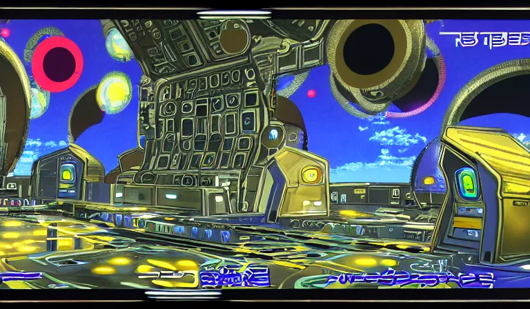 Image similar to Visual novel game set in a Byzantine space station, gameplay screenshot with UI, 4K, anime, by Tadanori Yokoo, Yoshitaka Amano, CLAMP