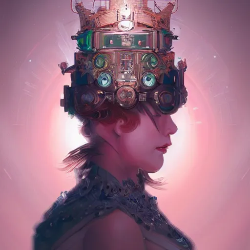 Image similar to portrait futuristic queen elizabeth steampunk half - cyborg, neon light rooftop, fantasy, intricate and very very beautiful and elegant, highly detailed, digital painting, artstation, concept art, smooth and sharp focus, illustration, art by tan zi and ayanamikodon and alphonse mucha and wlop