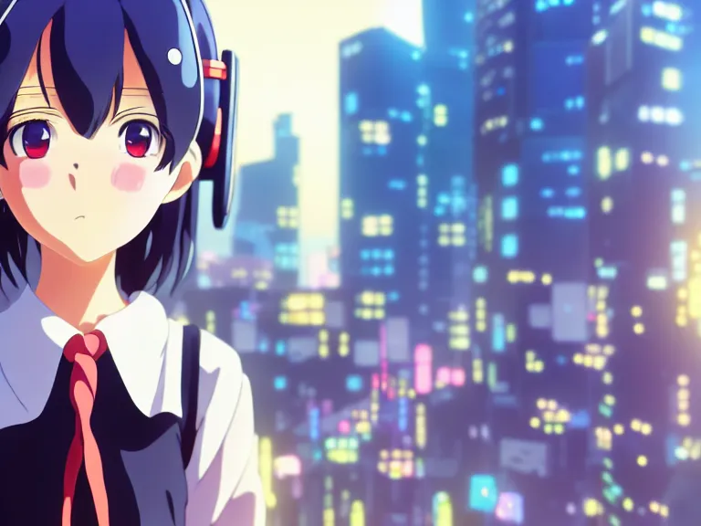 Prompt: anime fine details portrait of joyful school girl in front of cyberpunk moder city landscape on the background deep bokeh, close-up view, anime masterpiece by Studio Ghibli. 8k, sharp high quality anime, artstation