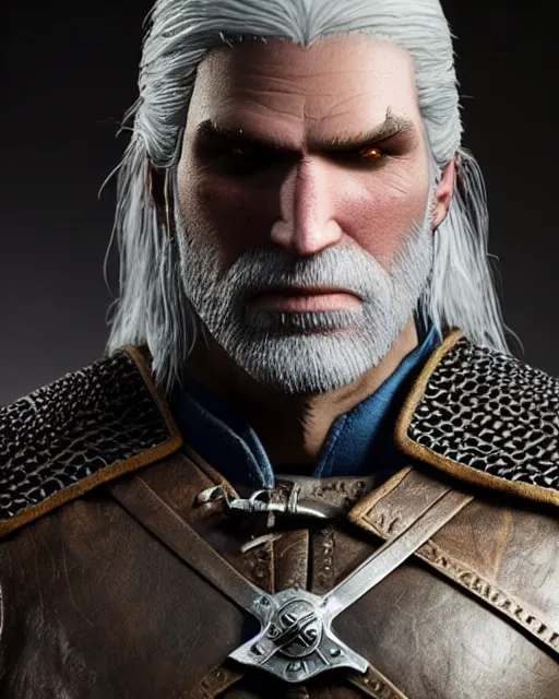 Prompt: geralt of rivia as a muppet. highly detailed felt. hyper real photo. 4 k.
