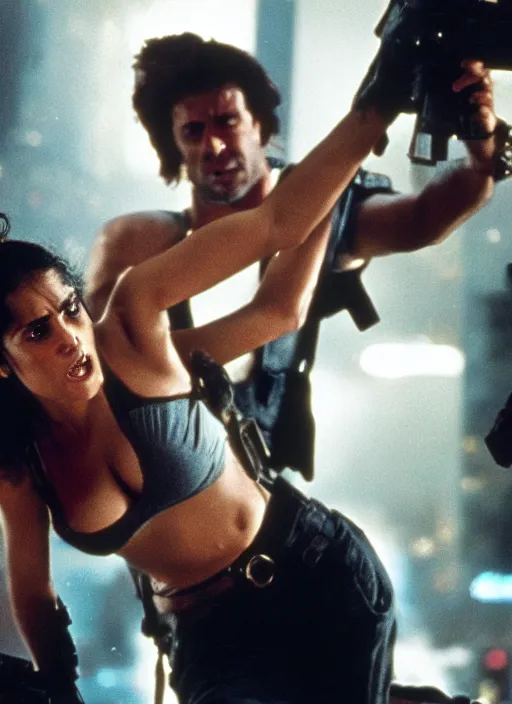 Image similar to film still of Salma Hayek as John McClane in Die Hard, 4k