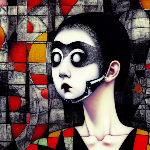 Prompt: yoshitaka amano blurred and dreamy realistic portrait of a young woman with black lipstick and black eyes wearing mask and dress suit with tie, junji ito abstract patterns in the background, face in three quarter view, satoshi kon anime, noisy film grain effect, highly detailed, renaissance oil painting, weird portrait angle, blurred lost edges