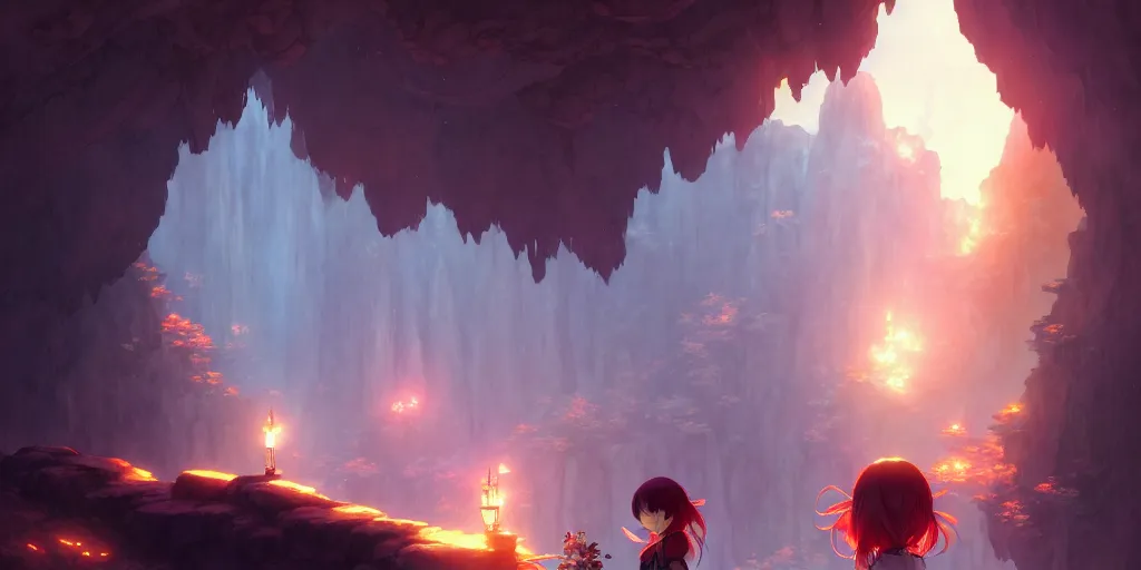 Image similar to the girl and the cave. anime, fantasy, smooth. torches, dark, digital painting, by hayao miyazaki and rossdraws and artgerm and chie yoshii and detmold and greg rutkowski and alphonse mucha. artstation. high quality, stunning, intricate detailed environment. 8 k