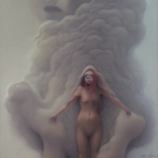 Image similar to a beautiful amazing oil painting of flora addict out of detailed smoke by zdzisław beksinski, jean delville, edmund dulac, jean giraud, ellen jewett, trending on artstation, featured on behance, vision of chaos, octane render