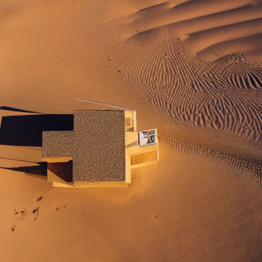 Prompt: A house designed by Norman Foster in the middle of the sahara desert. Aerial View. Film Grain, cinematic. Brown sand. Full color. Magic Hour.