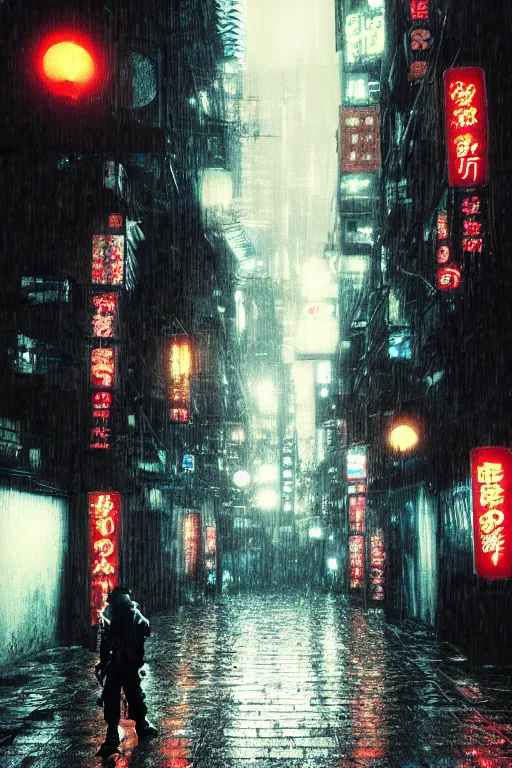 Image similar to a cyberpunk samurai in a raining cobblestone alleyway in tokyo, neon lights, full moon, fog cinematic greg rutkowski