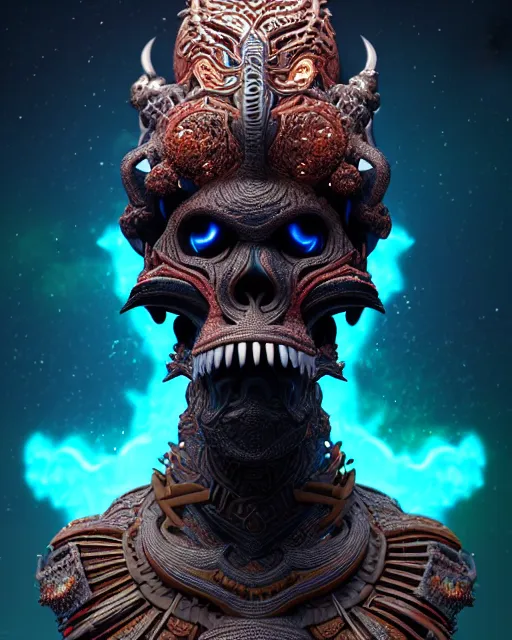 Image similar to 3 d ornate carved dark cosmic warrior with profile portrait, sigma 5 0 0 mm f / 5. beautiful intricate highly detailed quetzalcoatl skull. bioluminescent, plasma, lava, ice, water, wind, creature, thunderstorm! artwork by tooth wu and wlop and beeple and greg rutkowski, 8 k trending on artstation