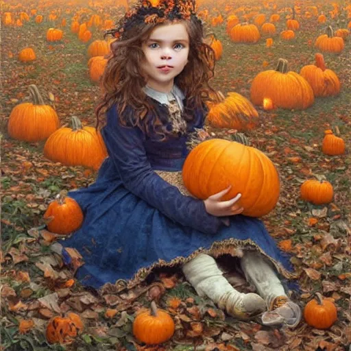 Prompt: a cute little girl with light brown wavy curly hair and blue eyes sitting amidst piles of pumpkins. beautiful cute highly detailed face. she is wearing a crown of autumn leaves. autumn and fall and halloween themed painting by artgerm and greg rutkowski and alphonse mucha.