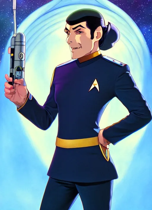 Image similar to cute star trek officer grigori rasputin, natural lighting, path traced, highly detailed, high quality, digital painting, by don bluth and ross tran and studio ghibli and alphonse mucha, artgerm