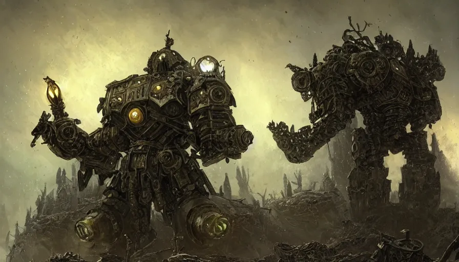 Image similar to military mech covered in armor with elden ring aesthetic, ancient metal, artifact machine, glowing lights, piloted by mysterious creatures, beautiful forests and trees, gothic castles and towers, small people with torches, intricate detail, dystopian, epic wallpaper, art by darek zabrocki and John Park and Feng Zhu and Jason Chan, trending on artstation, masterpiece.