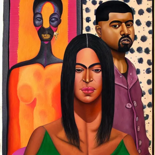 Prompt: A painting of Kanye West and Kim Kardashian by Frida Kahlo, detailed, oil painting, cohesive