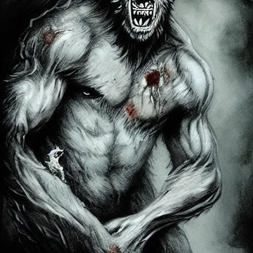 Image similar to werewolf lycanthrope monster makeup grinning grimpunk vile reprobate jason statham portrait portrait Wolfman Wolfman Fenrir with tombow jonas de ro odd nerdrum greg rutkowski frank frazetta alexandre briclot Dave Dorman splatterpaint