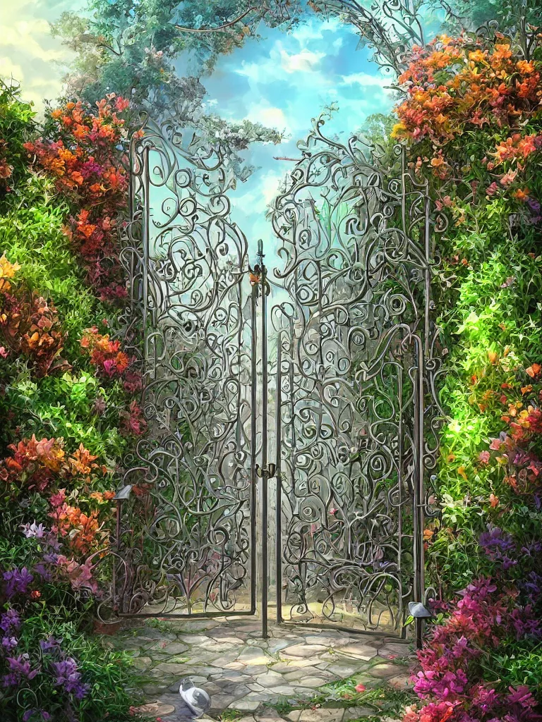 Image similar to beautiful digital painting high quality clear of wrought iron garden gate with a tranquil garden in the background and stone ground Cyril Rolando, David Wiesner, artstation behance