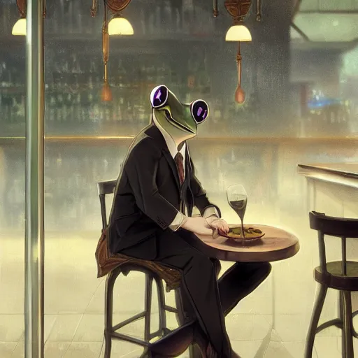 Prompt: Frog wearing business casual attire sitting in a bar and eating a bowl full of flies, digital painting, detailed, artstation, Krenz Cushart, Greg Rutkowski, Alphonse Mucha, Artgerm