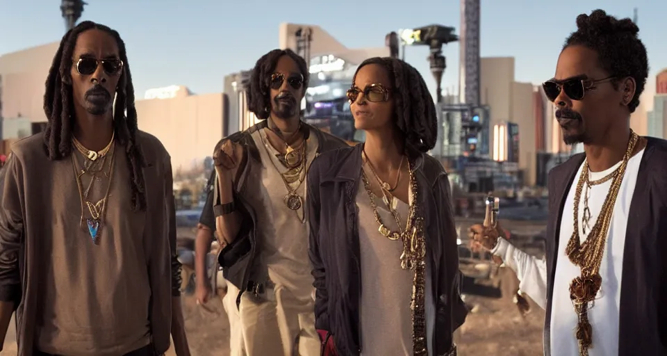 Prompt: first image afrofuturistic heist movie starring halle berry, snoop dogg and chris rock, sundance official selection. shot on the las vegas strip with alexa mini, stunning cinematography, golden hour, filmgrain.