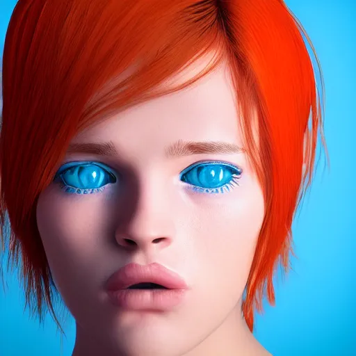 Image similar to Pretty face orange hair, light blue background, 8k, award-winning photorealistic