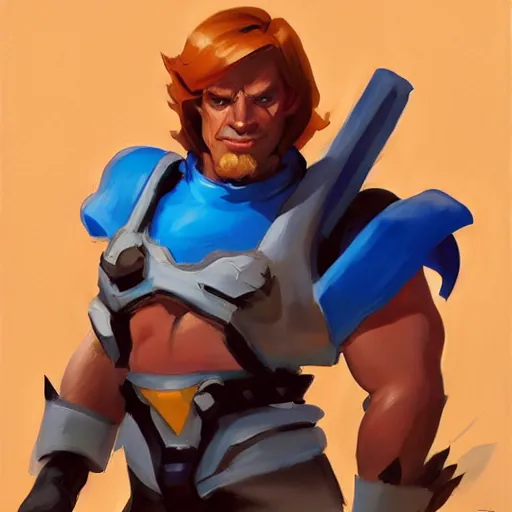 Image similar to greg manchess portrait painting of he - man as overwatch character, medium shot, asymmetrical, profile picture, organic painting, sunny day, matte painting, bold shapes, hard edges, street art, trending on artstation, by huang guangjian and gil elvgren and sachin teng