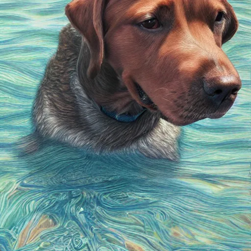 Prompt: intricate five star dog playing in the water by monica lee, colored pencil on paper, high detail, skin texture, photo realistic, hyperrealism, matte finish, high contrast, 3 d depth, masterpiece, vivid colors, artstationhd