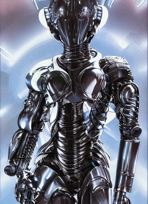 Image similar to cyberknight - complex and hyperdetailed technical suit design. reflection and dispersion materials. rays and dispersion of light. volumetric light. f / 3 2. noise film photo. flash photography. ultra realistic, 5 0 mm. poster by wayne barlowe, hajime sorayama aaron horkey, craig mullins