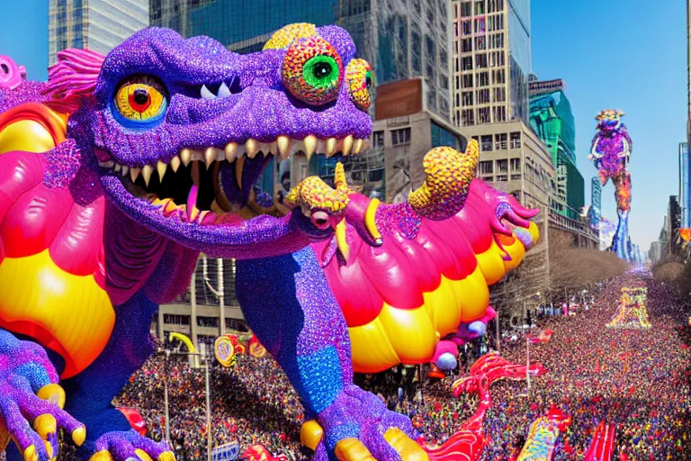 Image similar to photo of giant colorful beautiful elaborate parade float monster creature designed by lisa frank and geof darrow, in the macys parade, detailed 4 k photo, gigapixel, hyperdetailed