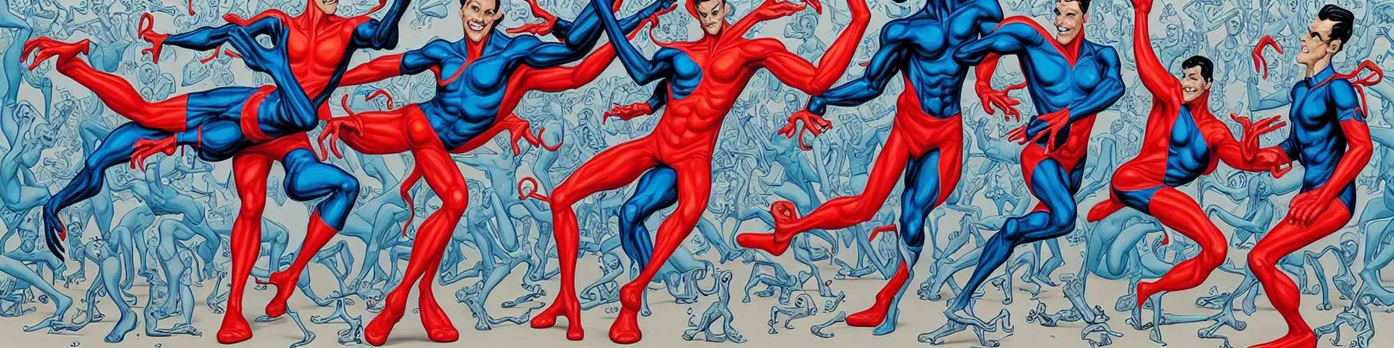 Image similar to mr. fantastic and plastic man showing off their weird limbs illustrated by james jean with very long hands and arms and fingers and legs and feet twirling and twisting around