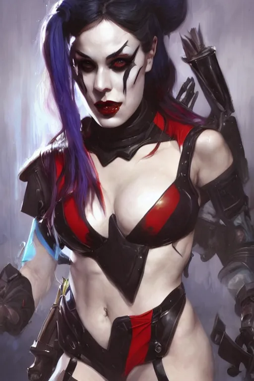 Image similar to portrait of dark eldar Harley Quinn in bikini armor, dc comics, cyberpunk, Warhammer 40000, dark fantasy, digital art from artstation by Ruan Jia and Mandy Jurgens and Artgerm and william-adolphe bouguereau