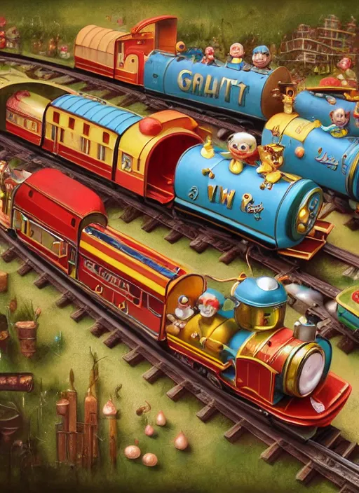 Image similar to highly detailed wide - angle portrait of a cute tin toy retro train set, nicoletta ceccoli, mark ryden, lostfish, earl nore, hyung tae, frank frazetta, global illumination, god rays, detailed and intricate environment